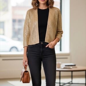 Willow & Clay Gold Metallic Knit Cardigan Open Front Sweater XS QuietLuxury NWOT